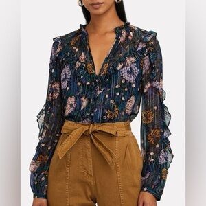 Veronica Beard Abra Sheer Floral Print Silk Blend Blouse Size 00